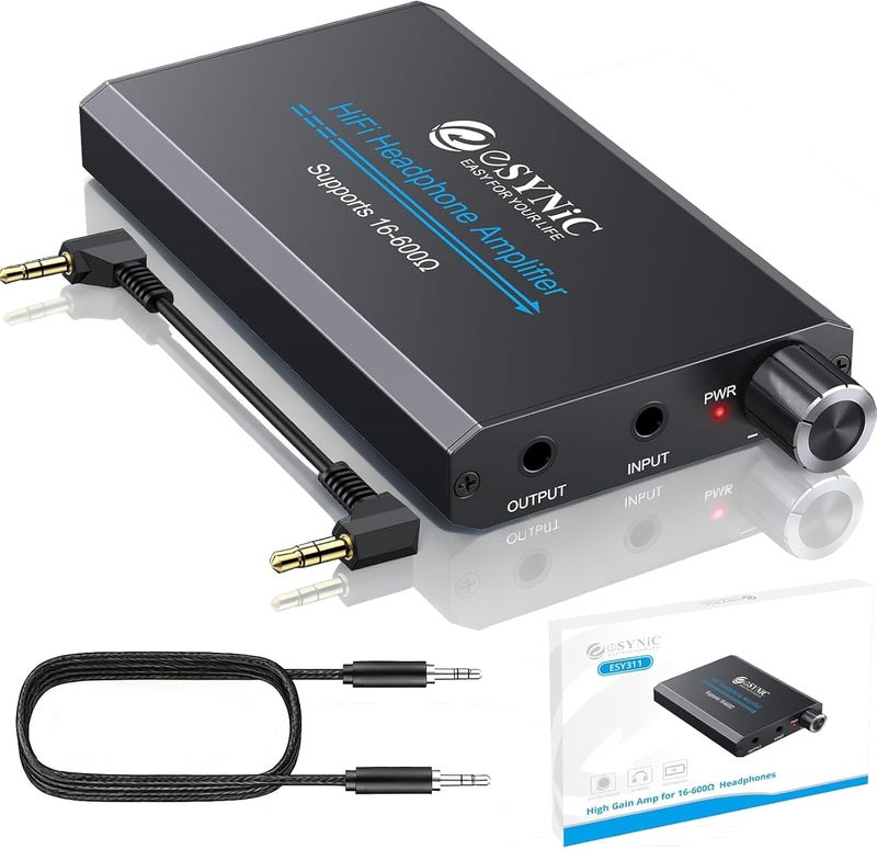 eSynic 16-600Ω Headphone Amplifier Portable - HiFi 3.5MM Audio Headphone Amp Rechargeable with 2-Stage Gain Switch-Aluminum Alloy Case &12H Playtime-0.0005% THD for MP3/Phone/PC/Laptop/Car (3.5mm AUX) - Image 1